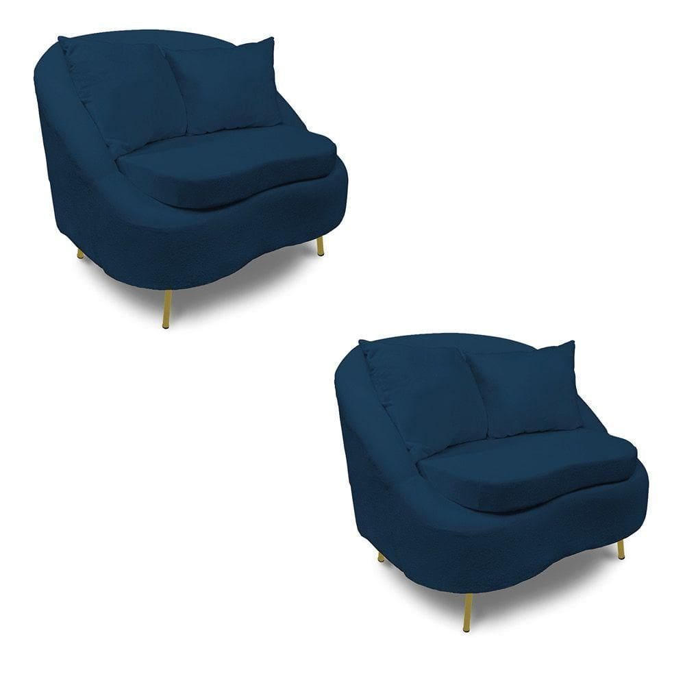 Poltrona Decorativa Orgânica Pé Ferro Dou Kit 2 Zaya Bouclê Azul C05 - D`rossi