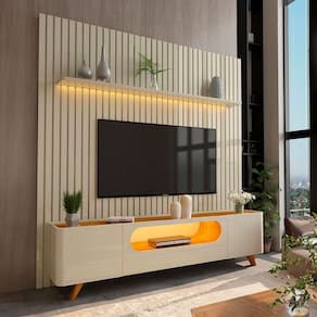 Rack com Painel para TV Até 85 Polegadas Nobre 2 Portas Ripado 100% Mdf com Led Off White/Naturalle - Gelius