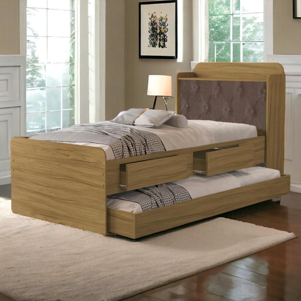 Cama Tamires Baú Freijó Com Auxiliar E Capitonê Nogal