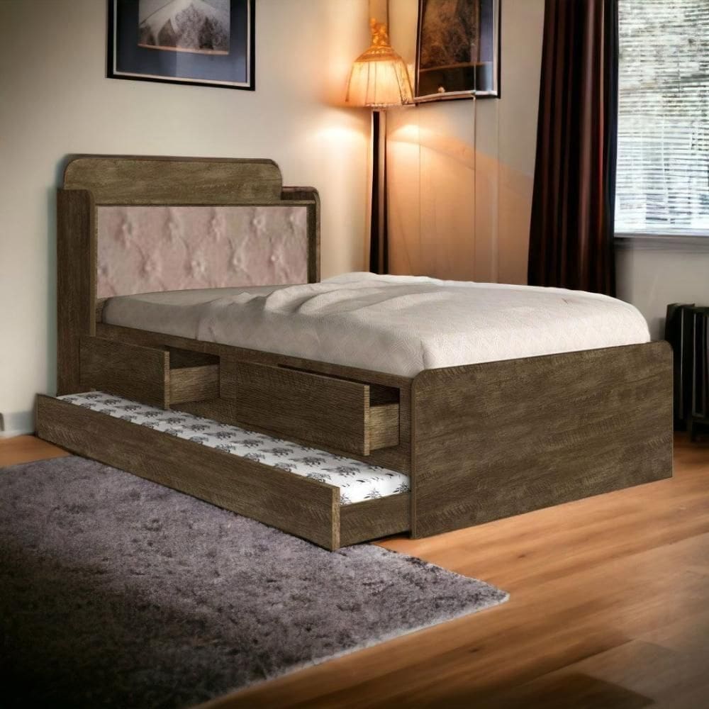 Cama Tamires Baú Castanho Com Auxiliar E Capitonê Bege