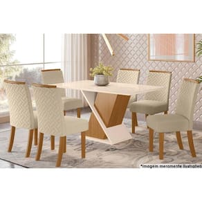 Sala De Jantar Tampo com Vidro 160x90cm E 6 Cadeiras Malu Nature veludo Light Linho
