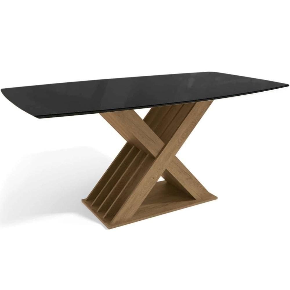Mesa De Sala Jantar Graviola Com tampo Madeirado C/ Vidro 90x170cm Nogueira/preto Fosco/vidro Preto