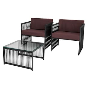 Conjunto De 2 Poltronas E Mesa De Centro Quadrada Com Tampo Preto/marrom