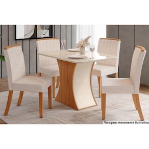 Sala De Jantar Tampo Curvo com vidro 120x80cm E 4 Cadeiras Tauá Nature veludo Light Linho