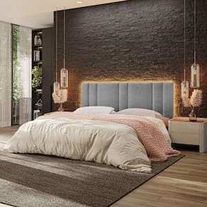 Cabeceira Estofada Cama Casal King Size Led Splend 200 Cm Linho Cinza