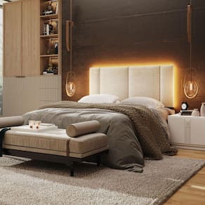 Cabeceira Estofada Cama Box Casal Com Led Splend 140 Cm Linho Bege