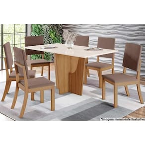 Sala De Jantar Tampo com Vidro 160x80cm E 6 Cadeiras Nature marrom Amêndoa