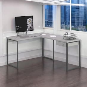Mesa Home Office Escrivaninha L Shine Cinza Com Gaveteiro