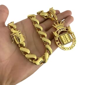Cordão 13Mm Friso S Fecho Jesus Cristo Pingente Banhado Ouro