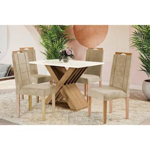 Sala de Jantar Completa Graviola Tampo Madeirado c/ Vidro 80x120cm e 4 Cadeiras 2CAD150 Nogueira/Off White/Vidro Off White - Eucalipto - Kappesberg
