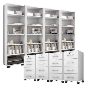 Kit 4 Gaveteiros para Escritório Gávea com Chave e 4 Livreiros Office Branco Fosco - Móveis Leão