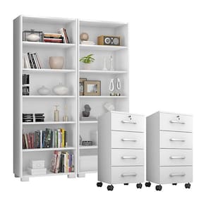 Kit 2 Gaveteiros para Escritório Gávea com Chave e 2 Livreiros Office Branco Fosco - Móveis Leão
