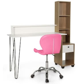 Kit Escrivaninha Hairpin Branca com Cadeira de Escritório Eiffel Slim Base Giratória - Rosa