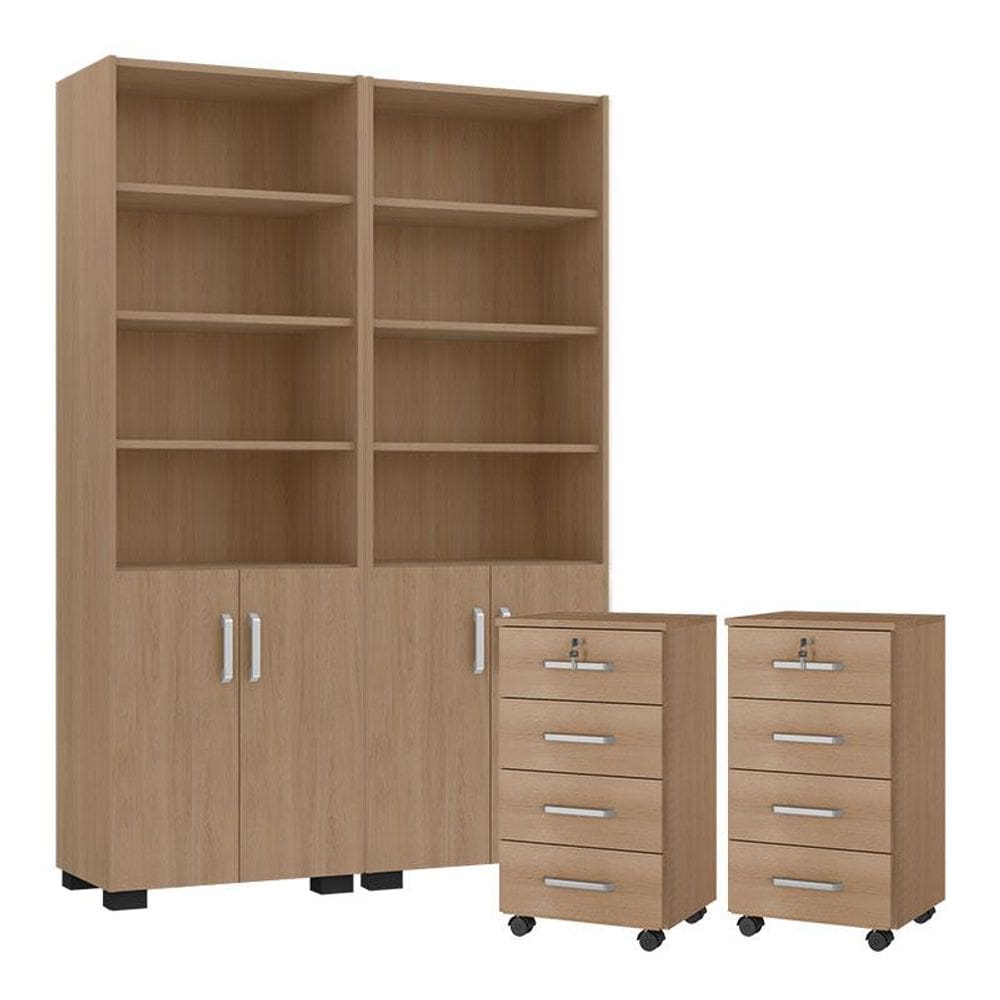 Kit 2 Gaveteiros para Escritório Gávea com Chave e 2 Livreiros Office com Portas Pequenas Freijó Fosco - Móveis Leão