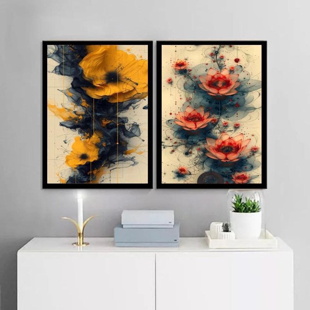 Kit 2 Quadros Decorativos Flores Orientais 24X18Cm - Vidro