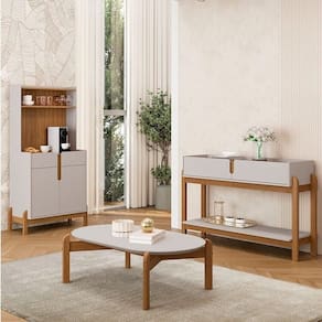 Conjunto Cantinho do Café e Aparador 2 Gavetas com Mesinha Oblonga Off White / Cedro