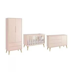 Dormitório Theo 2 Portas E Cômoda 1 Porta Rosa Com Pés Madeira Natural - Reller Móveis Rosa