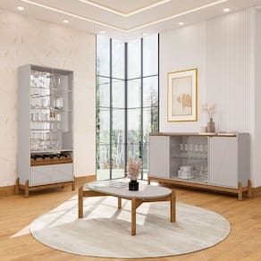 Conjunto Cristaleira e Buffet Bari com Mesinha Oblonga Off White / Cedro