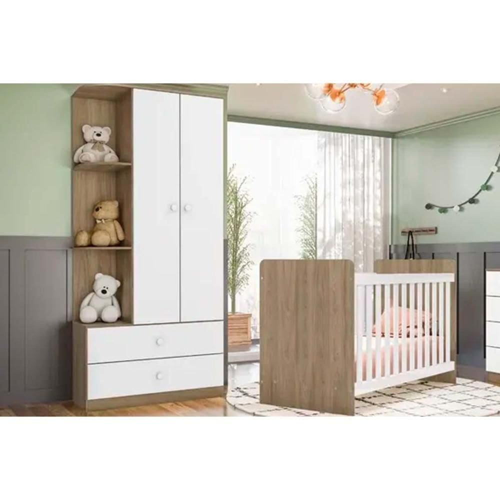 Quarto Infantil Completo Labirinto 2 Peças (1 Guarda Roupa + 1 Berço) Qi97 Rústico/branco - Henn
