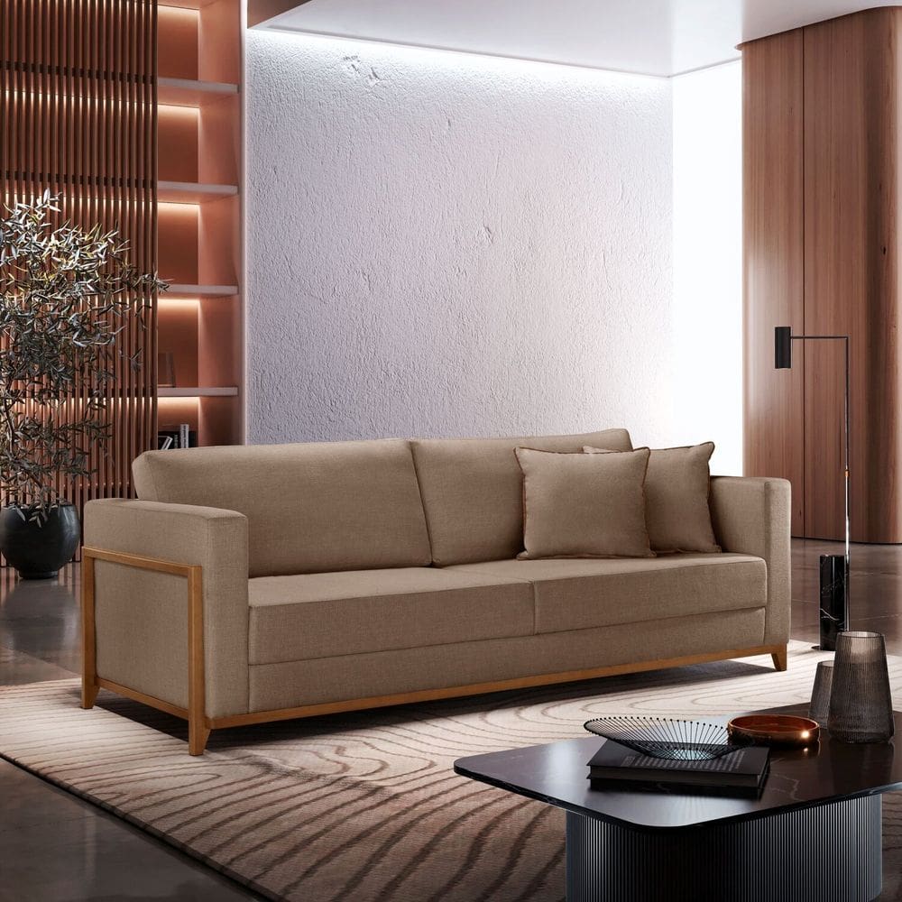 Sofá Fixo 3 Lugares Paris Veludo 234cm X 90cm X 88cm Bege