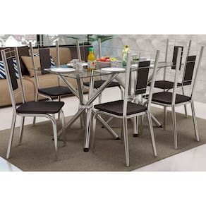 Sala de Jantar Completa Volga c/ Tampo de Vidro 150x80cm e 6 Cadeiras Florença Cromada - Preto - Kappesberg