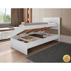 Cama Solteiro Reforçada Baú Interno Larissa Mdf/mdp Branca
