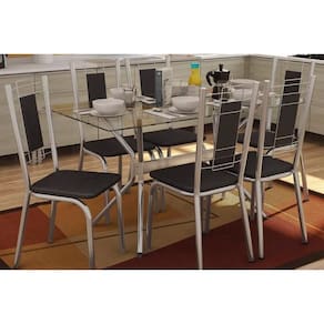 Sala de Jantar Completa Loire c/ Tampo de Vidro 80x140cm e 6 Cadeiras Florença Cromada - Preto - Kappesberg
