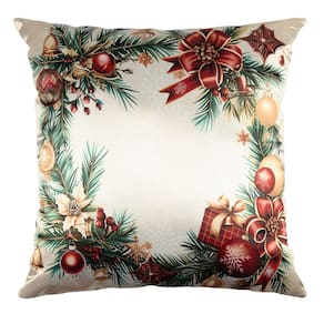 Capa Almofada Cetim Guirlanda com Enfeites de Natal 43x43cm Verde/Vermelho