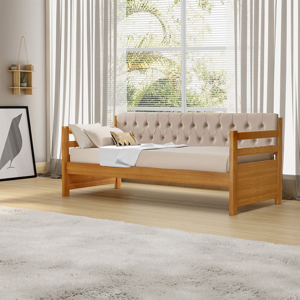 Sofá Cama Solteiro Verona Mona Imbuia Estofado Capitonê Veludo Bege