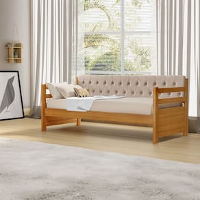 Sofá Cama Solteiro Verona Mona Imbuia Estofado Capitonê Veludo Bege