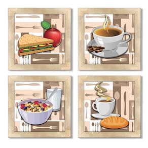 Quadro Decorativo Cozinha Café Manhã Padaria 20X20Cm Kit 4Un Titulo Moldura Carvalho