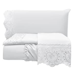 Jogo Cama Lençol Detail King Bordado Guipir Bordado Inglês Percal 300 Fios 4 Peças - Branco