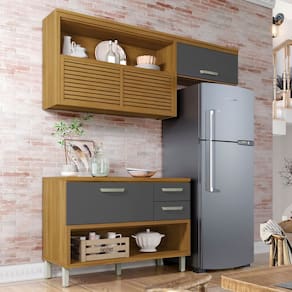 Cozinha Compacta Princesa 3 Portas 2 Gavetas Ripado 100% Mdf Freijó/Grafite - Nesher