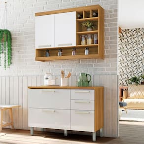 Cozinha Compacta Burguesa Premium 4 Portas 3 Gavetas 100% Mdf Amadeirado Freijó/Branco - Nesher
