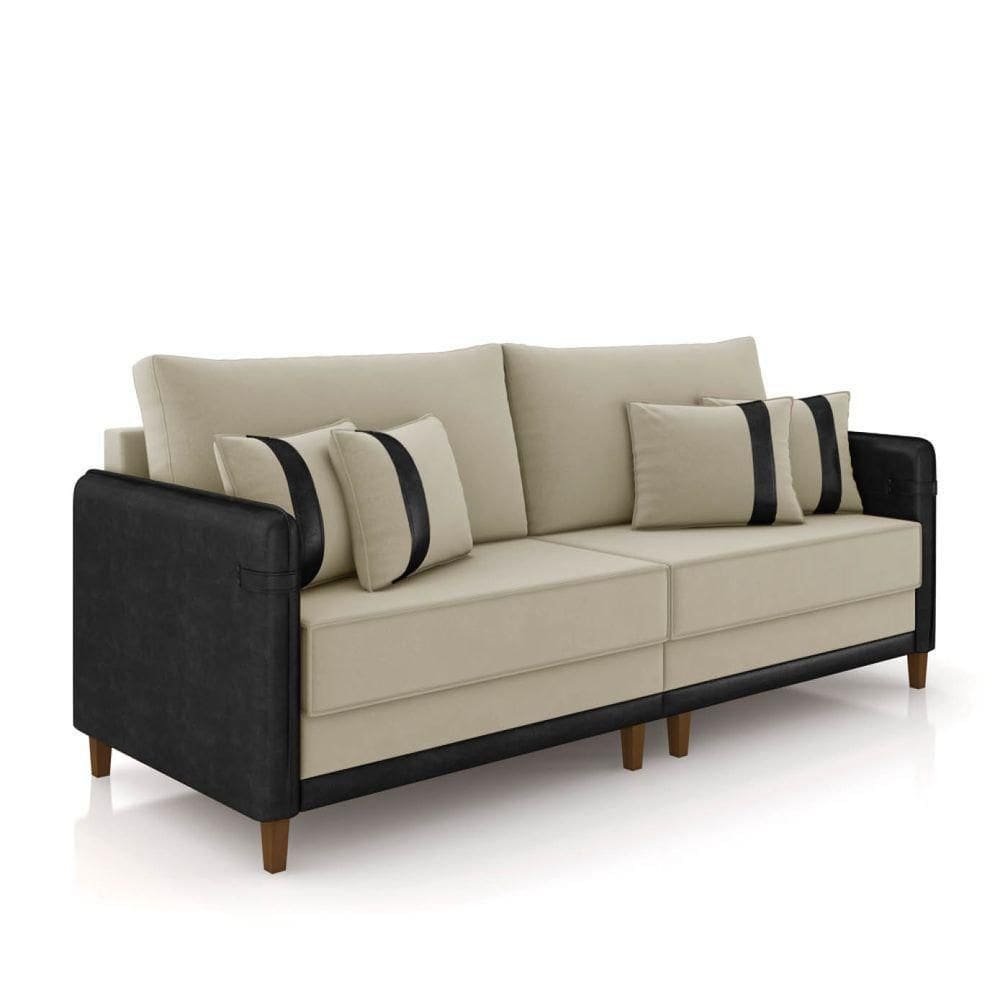 Sofá 3 Lugares Living 212cm Pé Madeira Valença Pto/veludo Bege K01 - D\`rossi