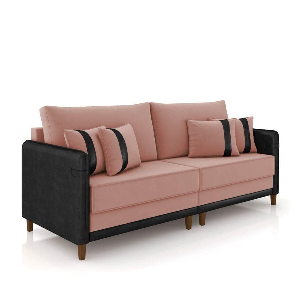 Sofá 3 Lugares Living 192cm Pé Madeira Valença Pto/veludo Rosê K01 - D\`rossi