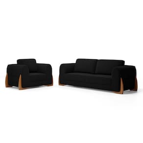 Kit Poltrona E Sofá Bloom 220cm 03 Lugares Com Pés De Madeira Bouclê Preto - Desk Design