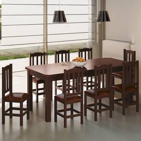 Mesa Com 8 Cadeiras Madeira Maciça Estofadas Corino 200cm Castanho Stone Shop Jm