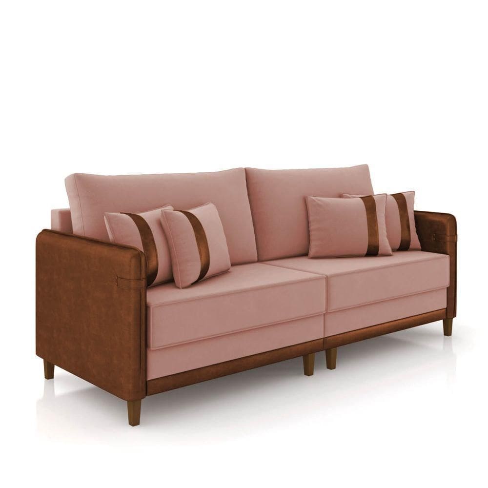 Sofá 3 Lugares Living 192cm Pé Madeira Valença Marrom/veludo Rosê K01 - D\`rossi