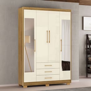 Guarda-Roupa Solteiro Reus 4 Portas 3 Gavetas com Espelho Natural/Champanhe - Pnr Móveis