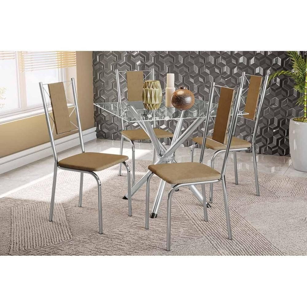 Sala de Jantar Completa Volga c/ Tampo de Vidro 90x90cm e 4 Cadeiras Lisboa Cromada/Capuccino - Kappesberg