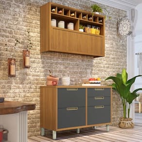 Cozinha Compacta Imperatriz 2 Portas 4 Gavetas Ripado 100% Mdf Freijó/Grafite - Nesher Móveis