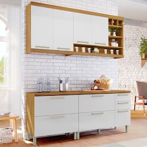 Cozinha Compacta Burguesa Premium 7 Portas 4 Gavetas 100% Mdf Amadeirado Freijó/Branco - Nesher