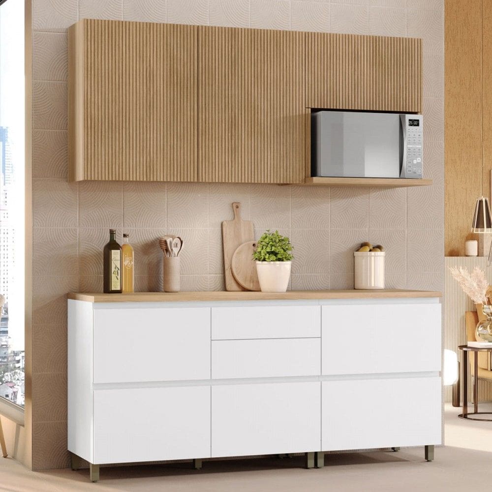 Cozinha Compacta Rainha 5 Portas 5 Gavetas Ripado 100% Mdf Branco/Natural - Nesher