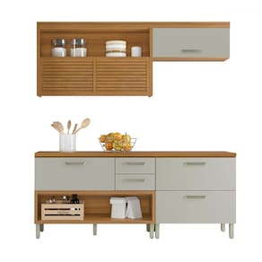 Cozinha Compacta Princesa 4 Portas 3 Gavetas Ripado 100% Mdf Freijó/Offwhite - Nesher