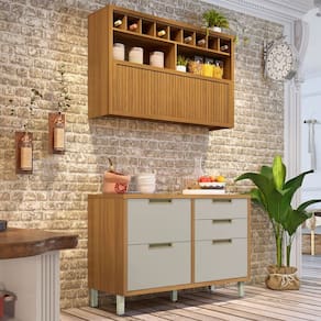 Cozinha Compacta Imperatriz 2 Portas 4 Gavetas Ripado 100% Mdf Freijó/Off White - Nesher Móveis