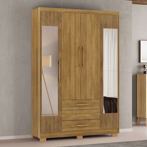 Guarda-Roupa Solteiro Reus 4 Portas 3 Gavetas com Espelho Natural/Brisa - Pnr Móveis