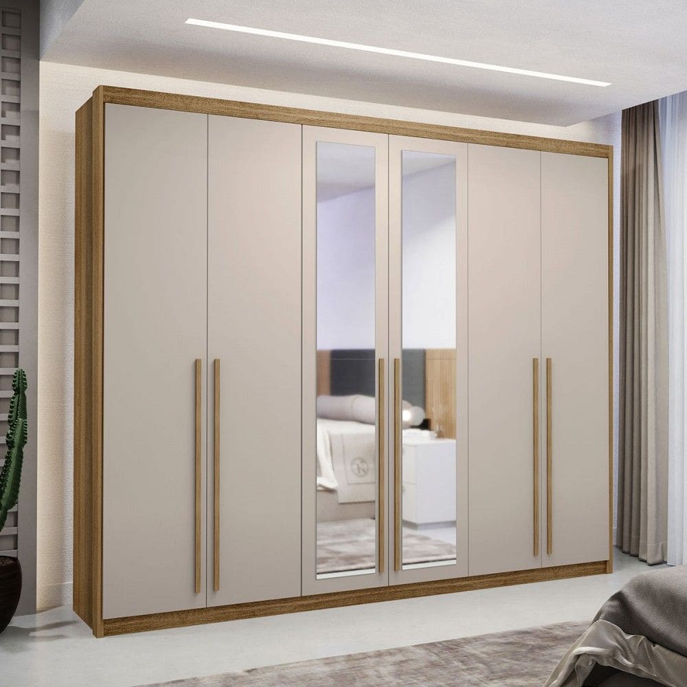 Guarda-Roupa Casal Alfa Magestic 6 Portas 6 Gavetas 100% Mdf com Espelho Natural/Marrom Claro - Pnr Móveis