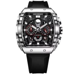 Relógio De Quartzo Impermeável Masculino Caveira Esportivo Casual Tonneau Prata