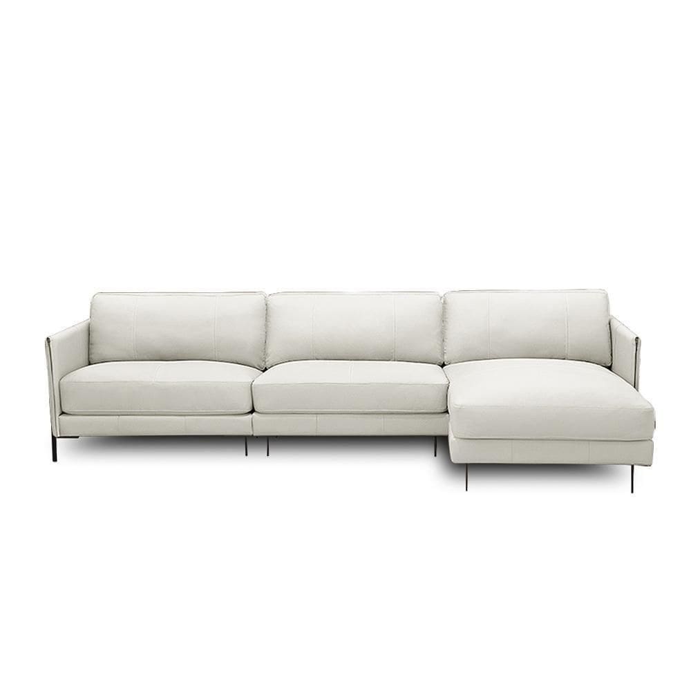 Sofá Decorativo Karine 5 Lugares Sala De Estar 300cm Com Chaise Pés Em Aço Couro Off White